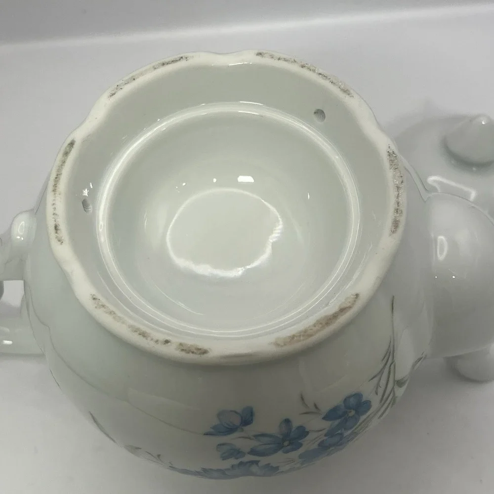 Vintage White Ceramic Teapot Blue Floral Cornflower Design Scalloped Rim
